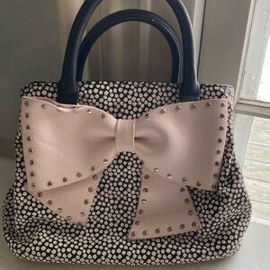 Chic Polka Dot Satchel with Pink Bow Accent